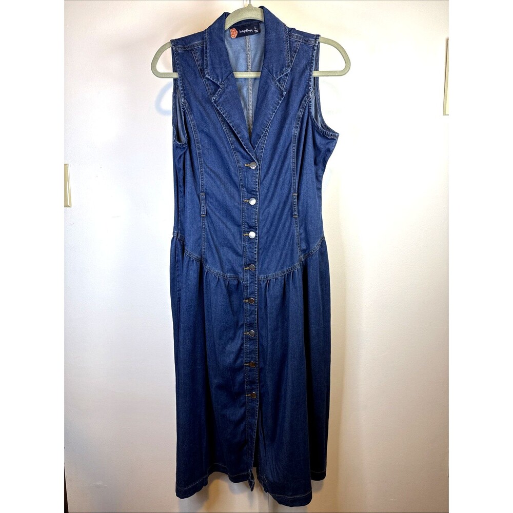 Vtg 90s Button Front Midi Jumper Dress Sz L Blue Denim Chambray Cottagecore